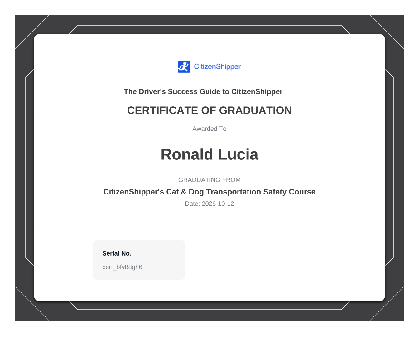 Ron Lucia's CitizenShipper Cat and Dog Transportation Safety certificate